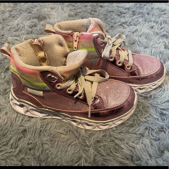 Sketchers s-lights glittery pink girls high-tops Size 1 - Picture 2 of 4